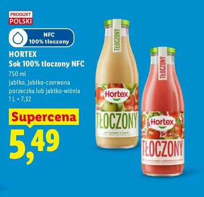 Sok 100% tłoczony NFC Hortex jabłko-wiśnia promocja w Lidl