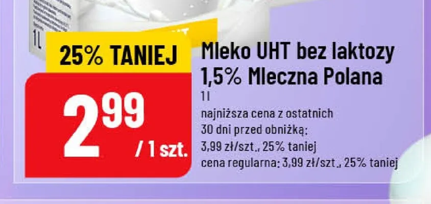 Mleko UHT bez laktozy 1,5% Mleczna Polana promocja w POLOmarket