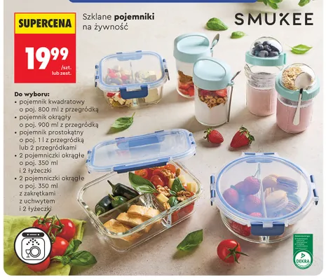 Zestaw 2 szklanych pojemniczków na żywność okrągłych z zakrętkami i uchwytem Smukee promocja w Biedronka