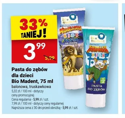 Pasta do zębów dla dzieci Bio Madent truskawkowa promocja w Twój Market