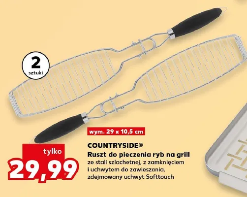Ruszt do pieczenia ryb na grill COUNTRYSIDE 2-pak wym. 29x10,5cm ze stali szlachetnej z zamknięciem i uchwytem do zawieszania zdejmowany uchwyt Softtouch promocja w Kaufland