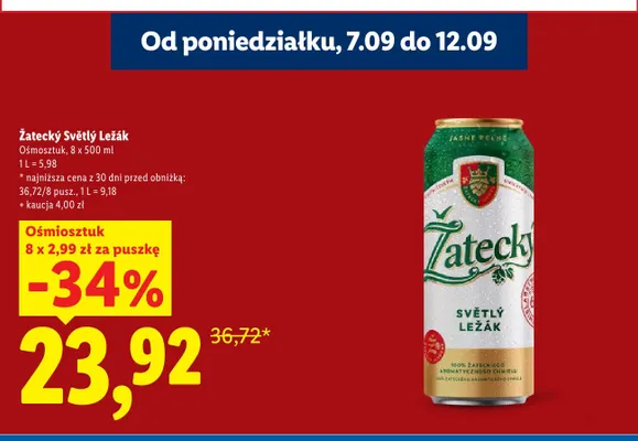 Piwo Žatecký Světlý Ležák 8-pak 500 ml promocja w Lidl