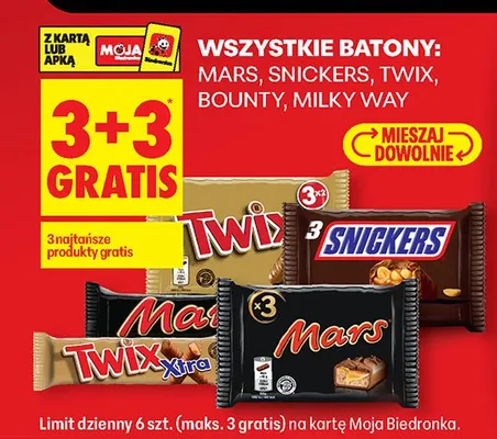 Wszystkie batony Mars, Snickers, Twix, Bounty, Milky Way 3+3 GRATIS promocja w Biedronka