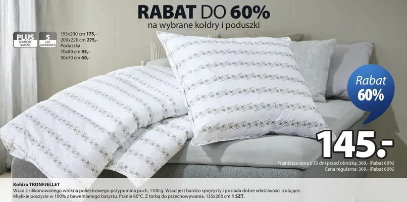 Kołdra Tronfjellet wkład z silikonowanego włókna poliestrowego przypomina puch, miękkie poszycie w 100% z bawełnianego batystu 135x200cm promocja w Jysk