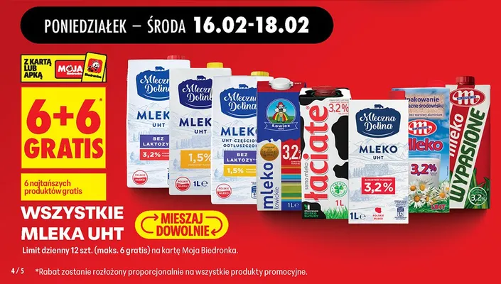 Wszystkie mleka UHT 6+6 GRATIS promocja w Biedronka