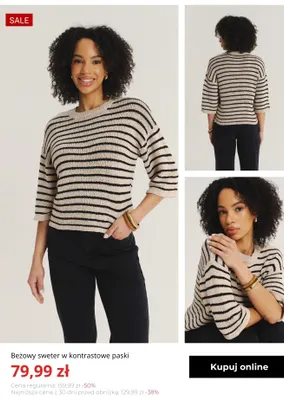 Beżowy sweter w kontrastowe paski Greenpoint promocja w Greenpoint