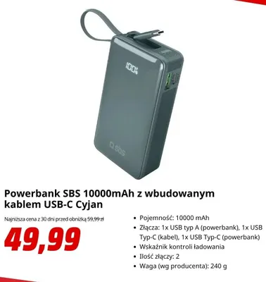 Powerbank SBS 10000mAh z wbudowanym kablem USB-C Cyjan promocja w Media Markt