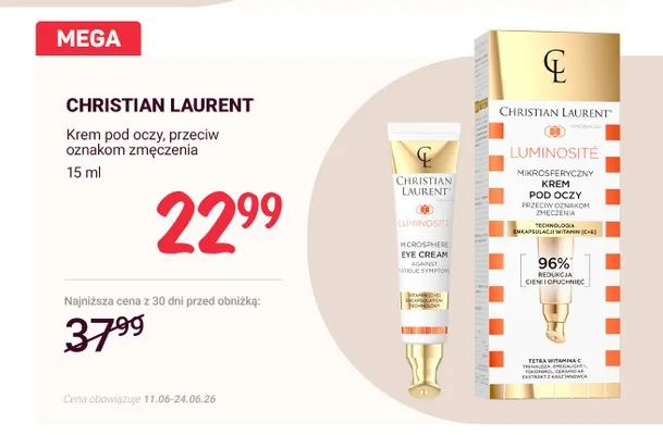 Krem pod oczy przeciw oznakom zmęczenia Christian Laurent Luminosité promocja w Rossmann