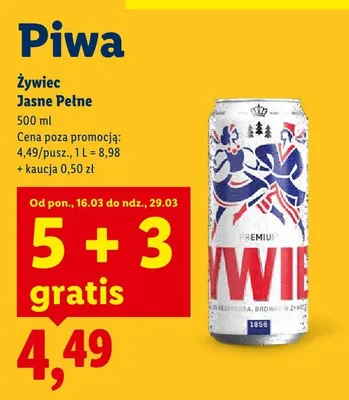 Piwo Żywiec Jasne Pełne 5+3 GRATIS promocja w Lidl