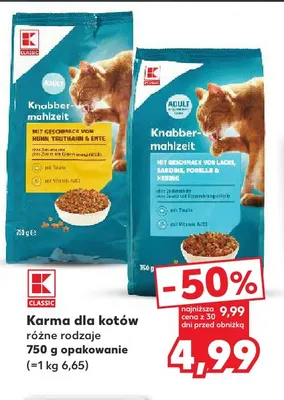 Karma dla kotów Knabber-mahlzeit z łososiem sardynką pstrągiem i śledziem K-Classic promocja w Kaufland