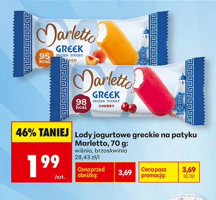 Lody jogurtowe greckie na patyku brzoskwinia Marletto promocja w Biedronka