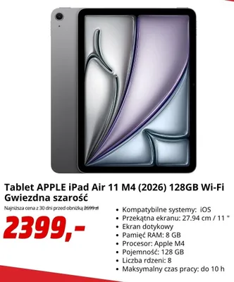 Tablet APPLE iPad Air 11 M4 (2026) 128GB Wi-Fi Gwiezdna szarość promocja w Media Markt