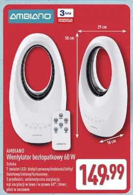 Wentylator bezłopatkowy AMBIANO 60W promocja w Aldi