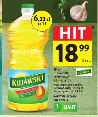 Olej KUJAWSKI rzepakowy 3l promocja w Intermarche