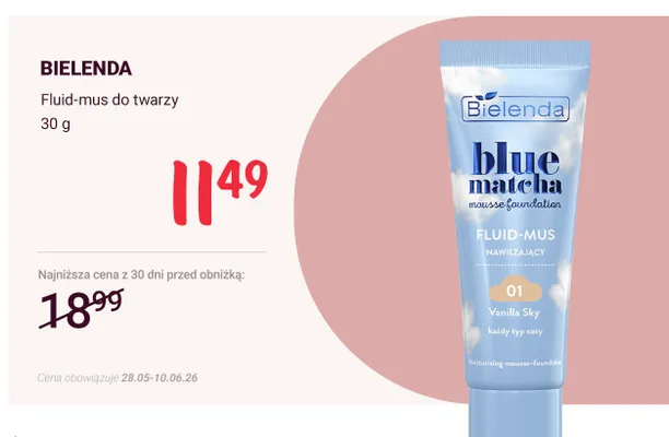 Fluid-mus do twarzy BIELENDA Blue Matcha nawilżający 01 Vanilla Sky promocja w Rossmann