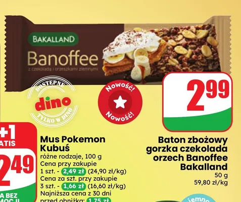 Baton zbożowy gorzka czekolada orzech Banoffee Bakalland promocja w Dino