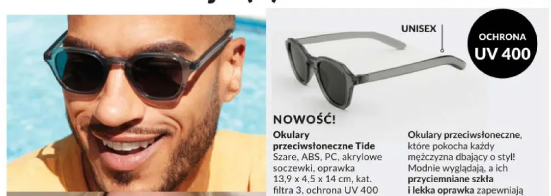 Okulary przeciwsłoneczne Tide Szare ABS PC akrylowe soczewki oprawka 13,9x4,5x14cm kat. filtra 3 ochrona UV 400 promocja w AVON