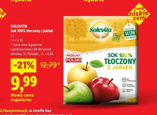 Sok 100% tłoczony z jabłek Solevita promocja w Lidl