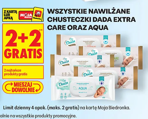 Nawilżane chusteczki Dada Extra Care oraz Aqua promocja w Biedronka