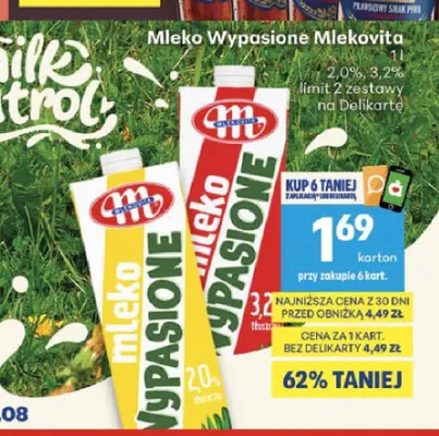 Mleko Wypasione Mlekovita 2,0% promocja w Delikatesy Centrum