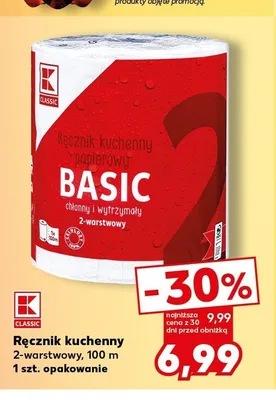 Ręcznik kuchenny papierowy Basic 2-warstwowy 100m K-Classic promocja w Kaufland