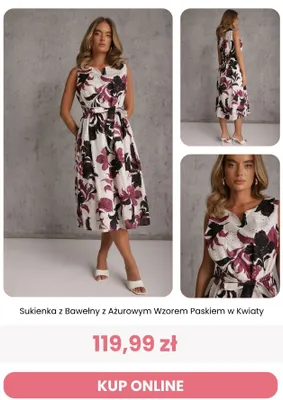 Sukienka z bawełny z ażurowym wzorem paskiem w kwiaty Reneé promocja w Renee