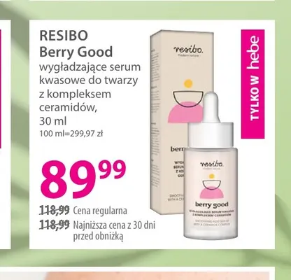 Wygładzające serum kwasowe do twarzy z kompleksem ceramidów Berry Good Resibo promocja w Hebe