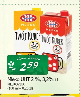 Mleko UHT 2% Twój Kubek Mlekovita promocja w CEZAR Delikatesy