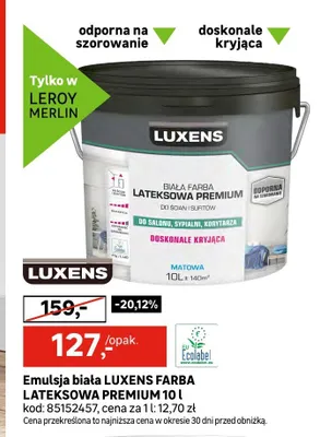 Emulsja biała Luxens Farba Lateksowa Premium promocja w Leroy Merlin