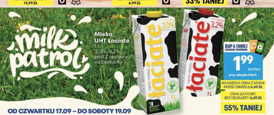 Mleko UHT Łaciate 2,0% promocja w Delikatesy Centrum