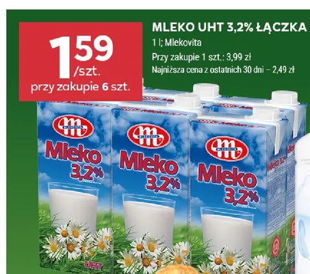 Mleko UHT Łączka Mlekovita 3,2% promocja w Stokrotka