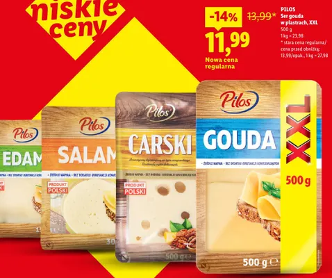 Ser gouda w plastrach XXL Pilos promocja w Lidl