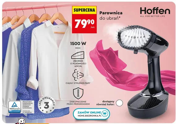 Parownica do ubrań Hoffen 1500W zbiornik 400ml promocja w Biedronka