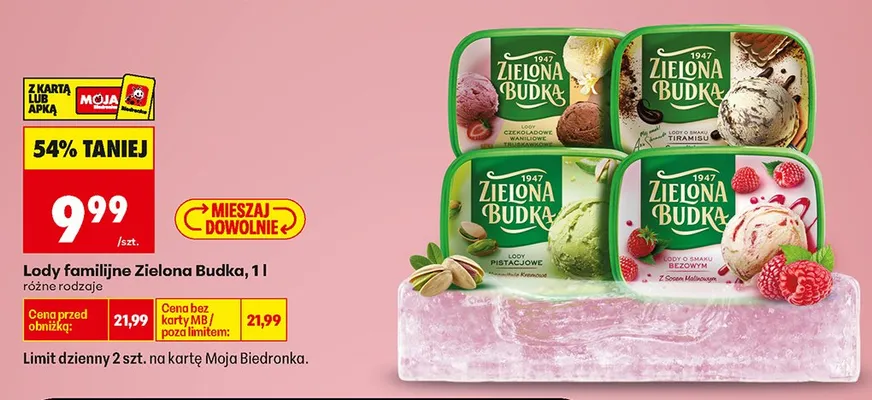 Lody familijne o smaku bezowym z sosem malinowym Zielona Budka promocja w Biedronka