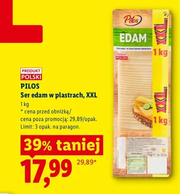 Ser edam w plastrach XXL Pilos promocja w Lidl