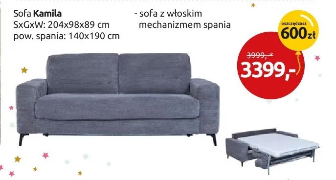 Sofa z włoskim mechanizmem spania Kamila promocja w Black Red White