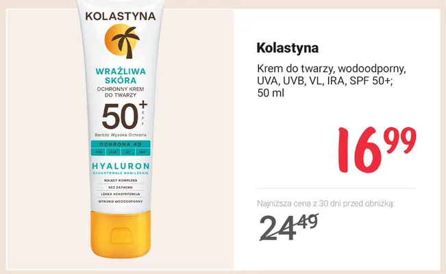Krem do twarzy ochronny Kolastyna SPF 50+ promocja w Rossmann