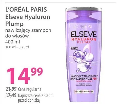 Nawilżający szampon do włosów Elseve Hyaluron Plump promocja w Hebe