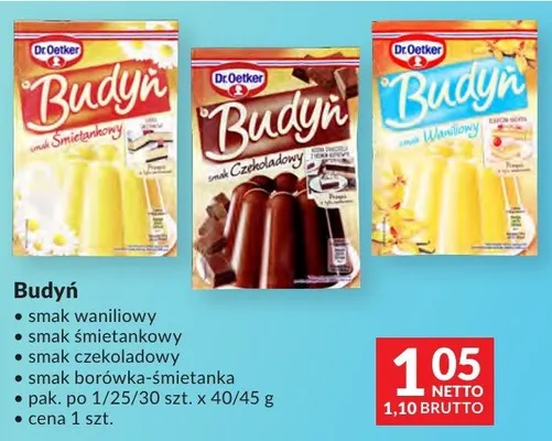 Budyń Dr.Oetker smak waniliowy, smak śmietankowy, smak czekoladowy, smak borówka-śmietanka pak. po 1/25/30 szt. x 40/45g promocja w Makro