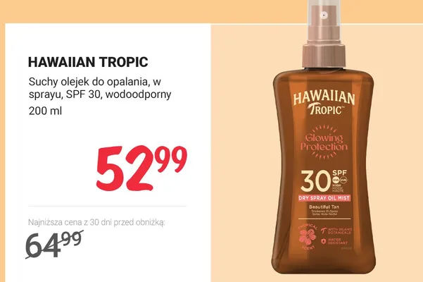 Suchy olejek do opalania Hawaiian Tropic w sprayu SPF 30 wodoodporny promocja w Rossmann
