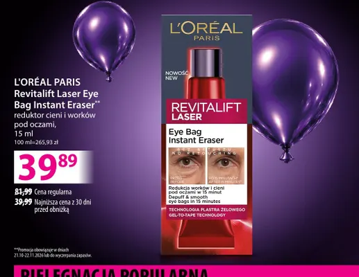 Reduktor cieni i worków pod oczami Revitalift Laser Eye Bag Instant Eraser L'Oréal Paris promocja w Hebe