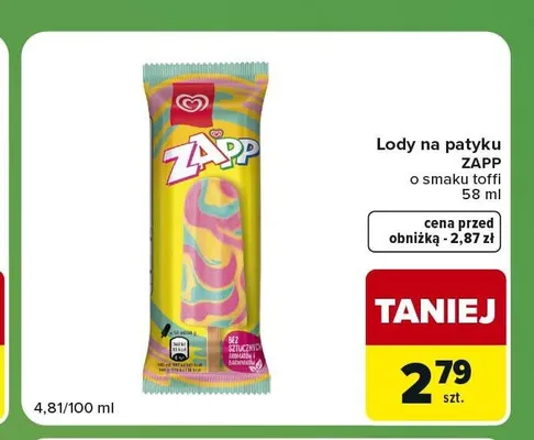 Lody na patyku Zapp o smaku toffi promocja w Carrefour Express