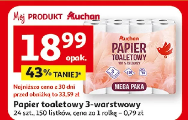 Papier toaletowy 3-warstwowy, 24 szt., 150 listków, cena za 1 rolkę - 0,79 zł promocja w Auchan
