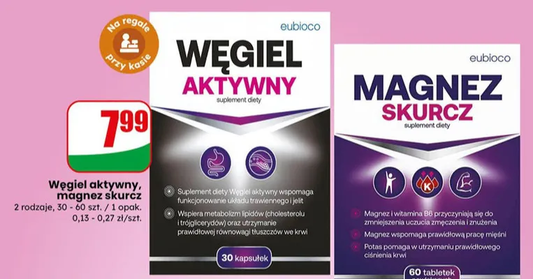 Węgiel aktywny, magnez skurcz 2 rodzaje promocja w Dino