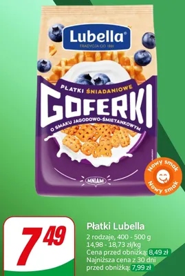 Płatki śniadaniowe Lubella Goferki o smaku jagodowo-śmietankowym promocja w Dino