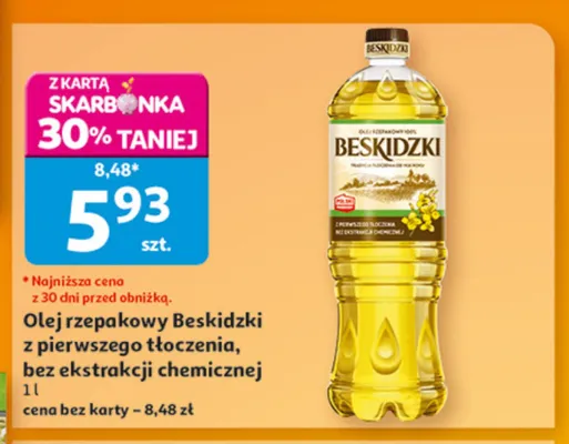 Olej rzepakowy z pierwszego tłoczenia bez ekstrakcji chemicznej Beskidzki promocja w Auchan