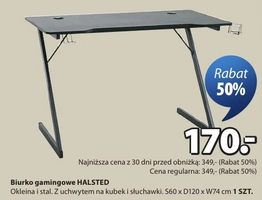 Biurko gamingowe Halsted okleina i stal z uchwytem na kubek i słuchawki promocja w Jysk