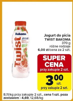 Jogurt do picia Twist Bakoma różne rodzaje promocja w Carrefour Express