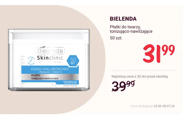 Płatki do twarzy tonizująco-nawilżające Bielenda Skinclinic Professional promocja w Rossmann
