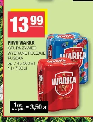 Piwo Warka Classic 4-pak promocja w SPAR
